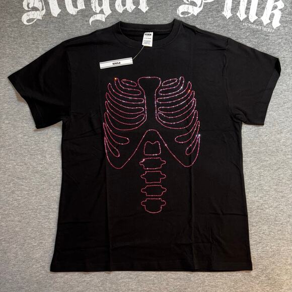 VS PINK Rhinestone Bling Halloween Skeleton Matching Campus Tee & Sweatpants Set - Picture 2 of 10